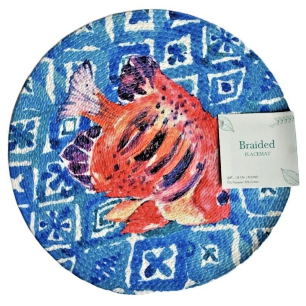 Orange Fish Placemats Set of 4 Braided Cotton 15" Rd Beach Summer Tropical